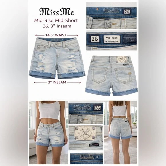 Miss Me Light Blue Distressed Rolled Hem Mid Rise Denim Shorts size 26 GUC - Picture 3 of 3